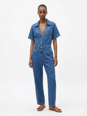 ZARA Light Wash Denim Utility Jumpsuit Cotton Linen Blend Medium Like New
